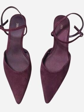 Zara Burgundy Women's Slingback Shoes Pointed Ankle-Strap Kitten Heel Sz 39 (9)